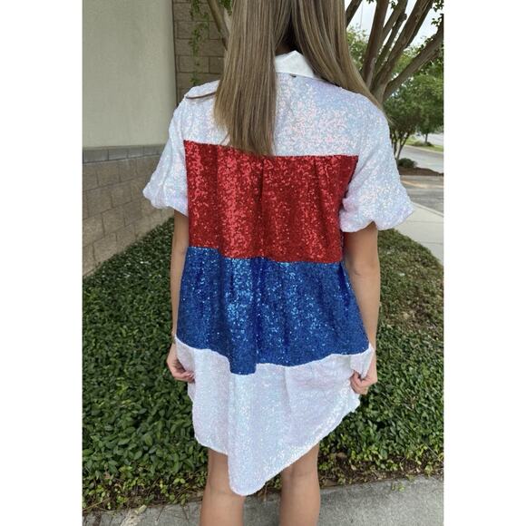 Peach Love Women’s Medium Sequin Dress Button Down Red White Blue Party Tunic - Picture 2 of 11